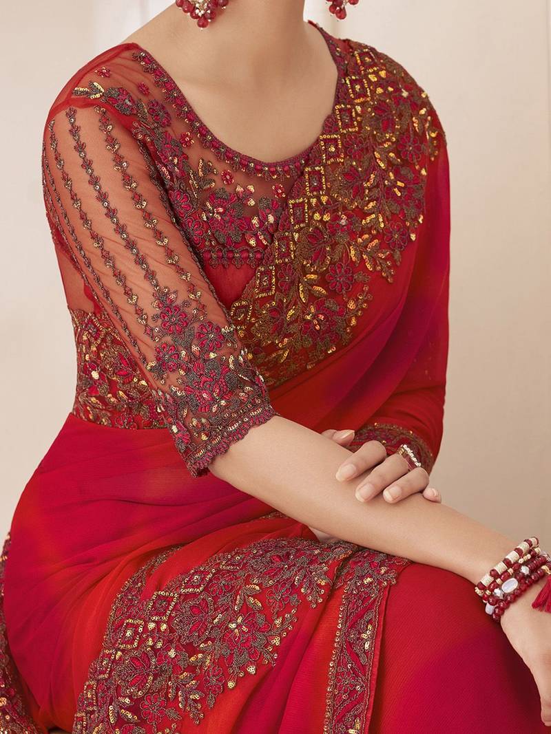 red embellished sequinned pure chiffon saree