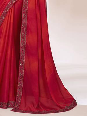 red embellished sequinned pure chiffon saree 5