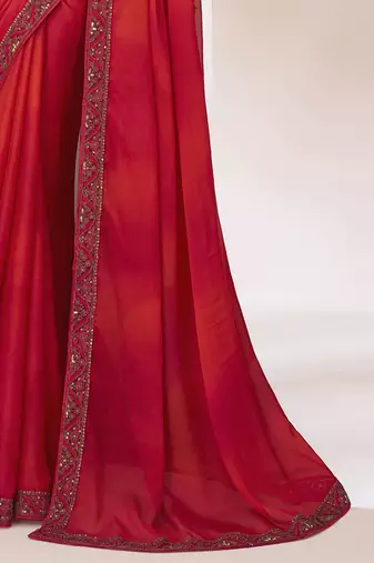 red embellished sequinned pure chiffon saree