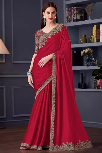 red embroidered pure chiffon saree