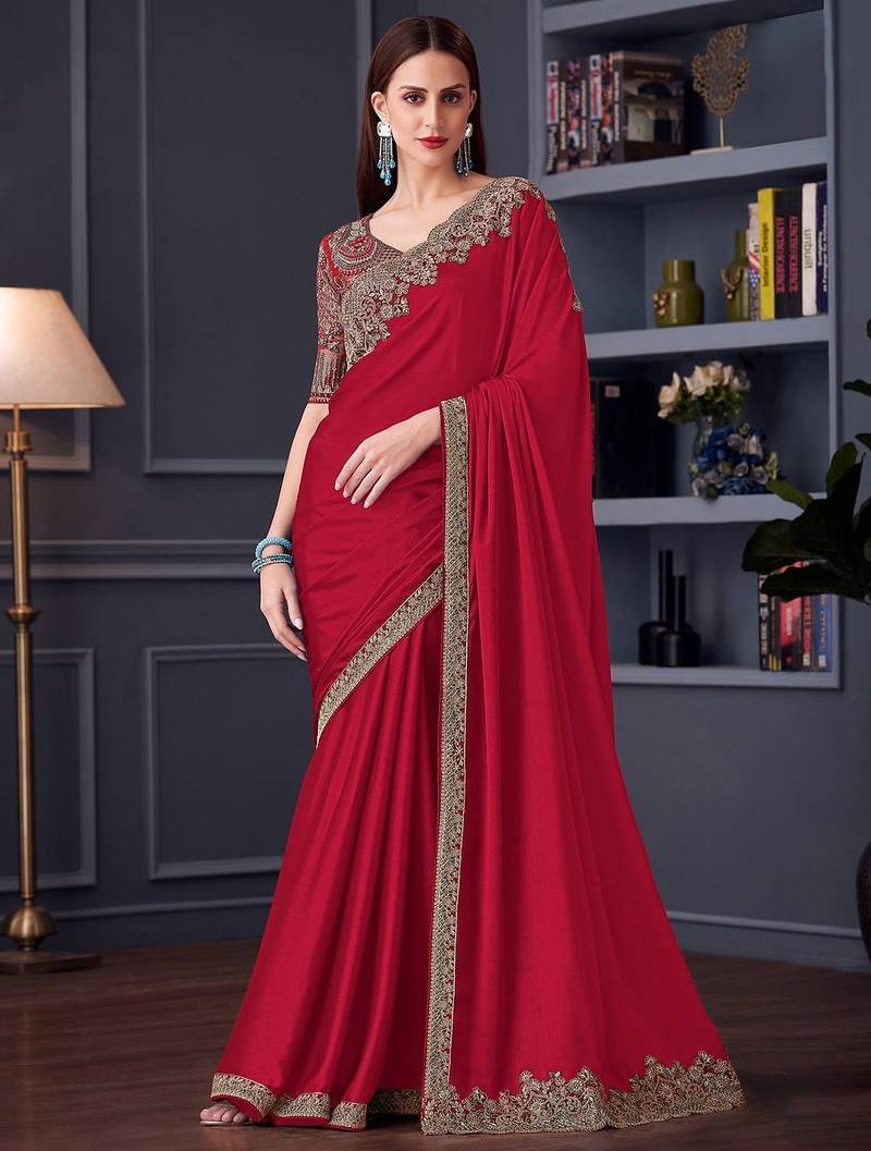 red embroidered pure chiffon saree