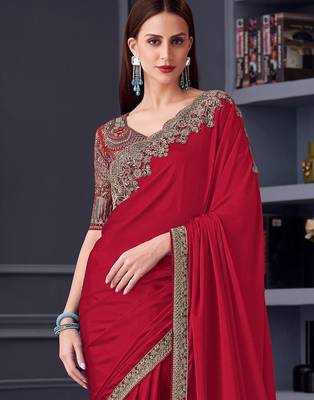 red embroidered pure chiffon saree 2
