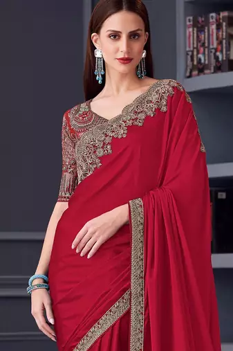 red embroidered pure chiffon saree