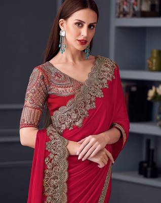 red embroidered pure chiffon saree 3