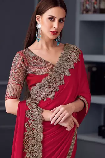 red embroidered pure chiffon saree