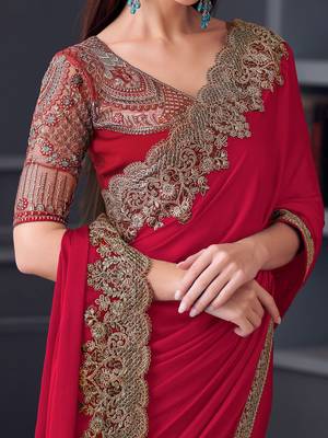 red embroidered pure chiffon saree 4