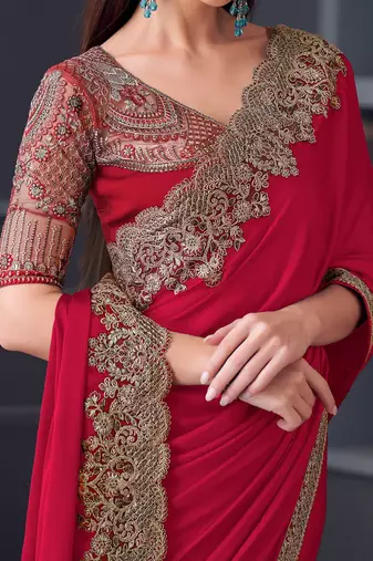 red embroidered pure chiffon saree