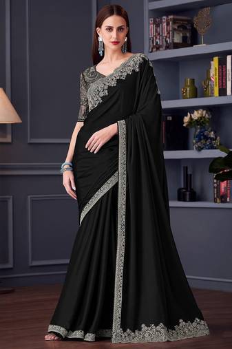black embroidered pure chiffon saree