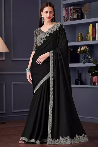 black embroidered pure chiffon saree