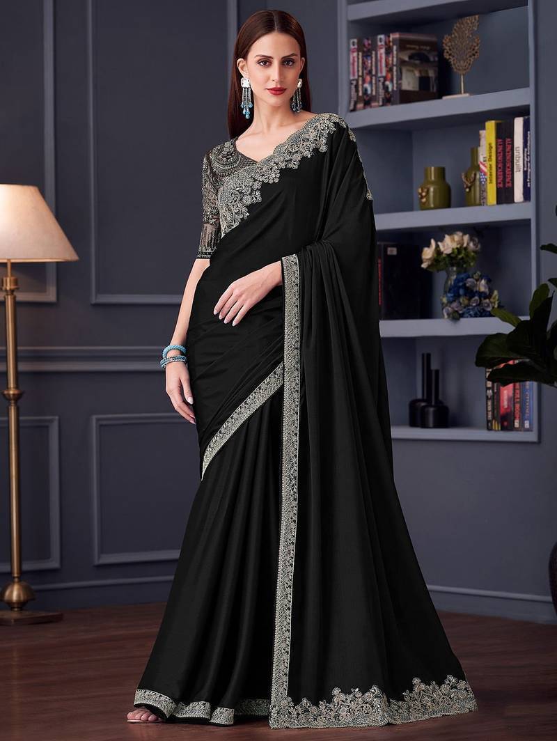 black embroidered pure chiffon saree