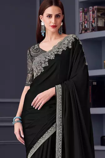 black embroidered pure chiffon saree