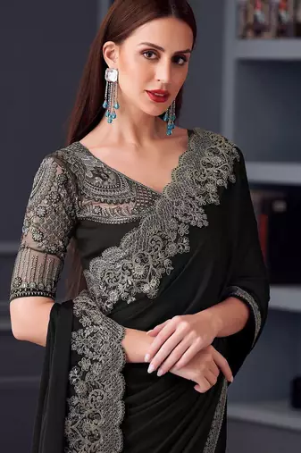 black embroidered pure chiffon saree