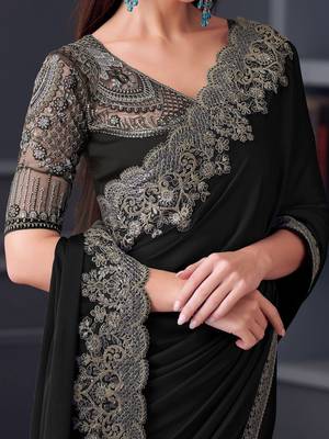 black embroidered pure chiffon saree 4