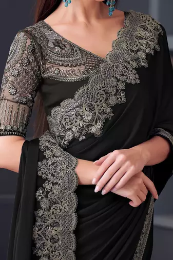 black embroidered pure chiffon saree
