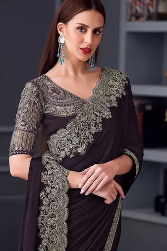 purple embroidered pure chiffon saree