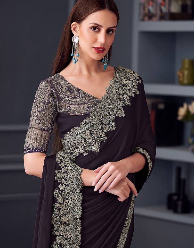 purple embroidered pure chiffon saree
