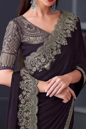 purple embroidered pure chiffon saree