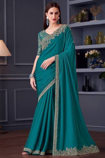 blue embroidered pure chiffon saree