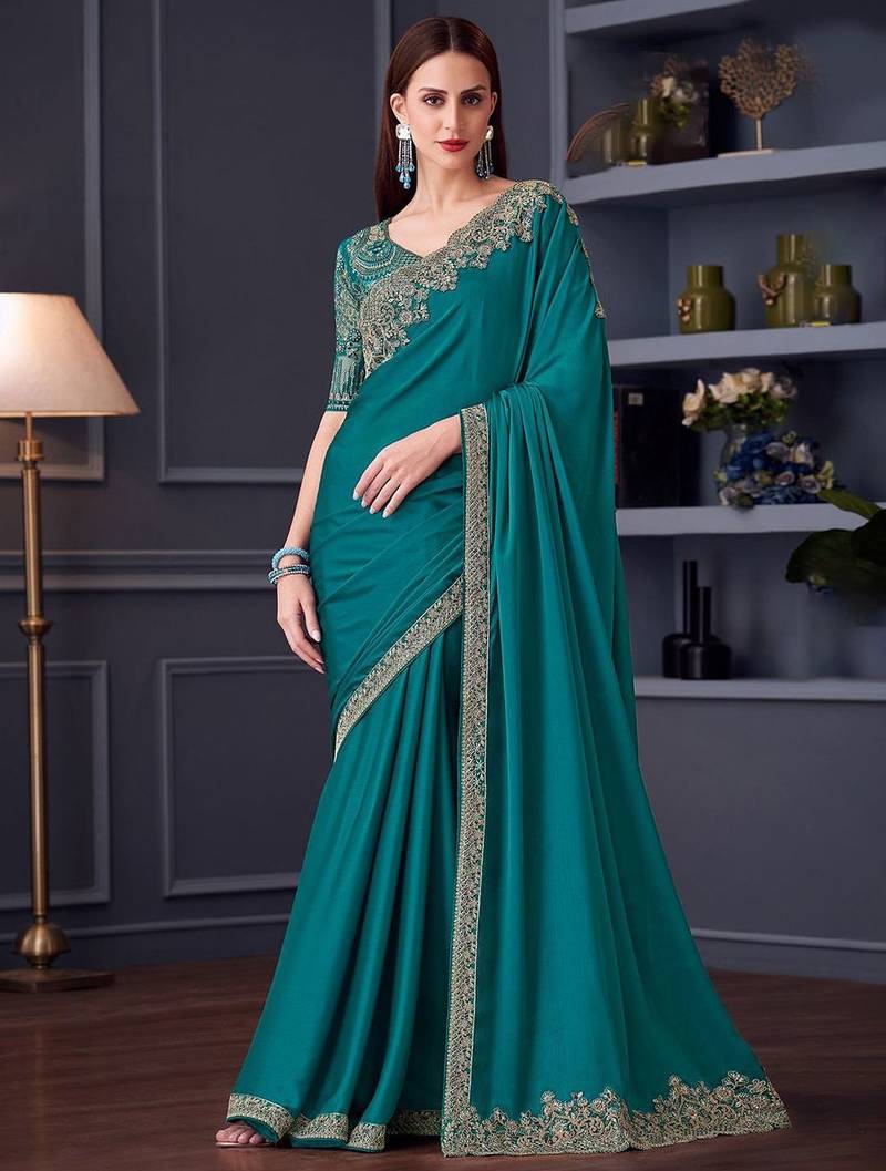 blue embroidered pure chiffon saree