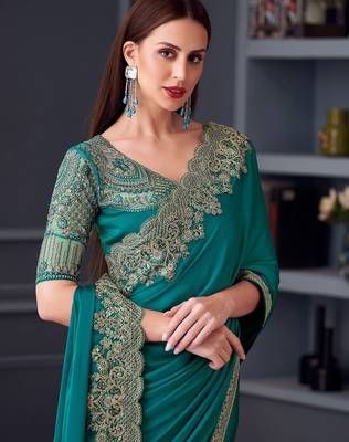 blue embroidered pure chiffon saree 3