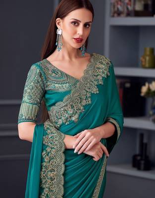 blue embroidered pure chiffon saree 1