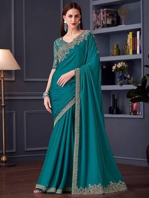blue embroidered pure chiffon saree 2