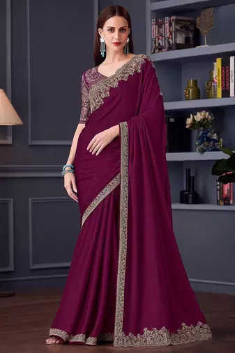 magenta embroidered pure chiffon saree with blouse piece