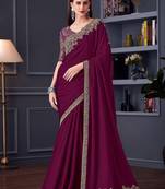 magenta embroidered pure chiffon saree with blouse piece