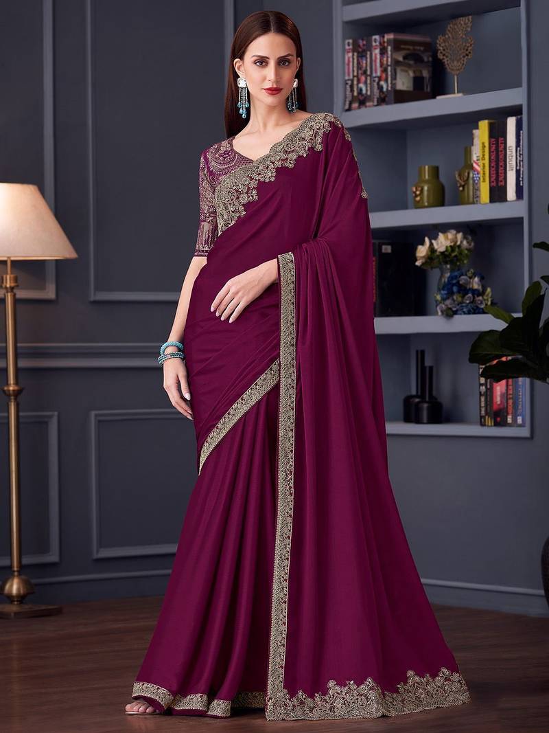 magenta embroidered pure chiffon saree with blouse piece