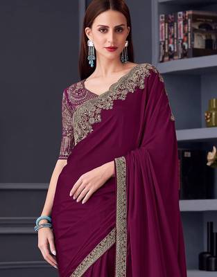 magenta embroidered pure chiffon saree with blouse piece 2