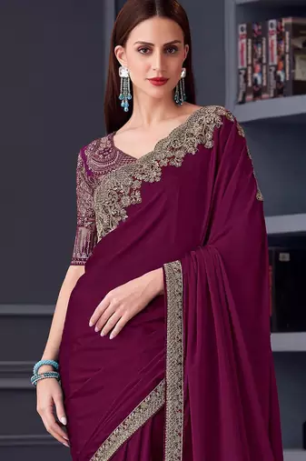 magenta embroidered pure chiffon saree with blouse piece