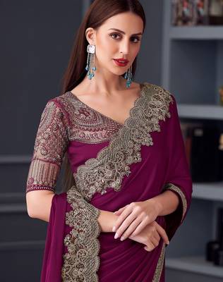 magenta embroidered pure chiffon saree with blouse piece 3