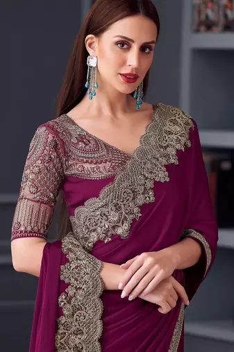 magenta embroidered pure chiffon saree with blouse piece