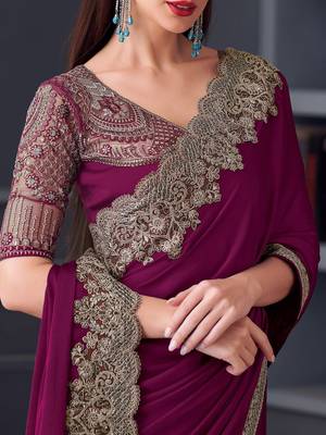 magenta embroidered pure chiffon saree with blouse piece 4