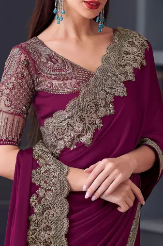 magenta embroidered pure chiffon saree with blouse piece