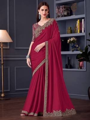 maroon pure chiffon embroidered saree with unstitched blouse piece 1