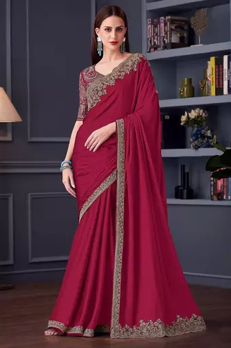 maroon pure chiffon embroidered saree with unstitched blouse piece