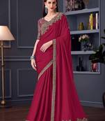 maroon pure chiffon embroidered saree with unstitched blouse piece