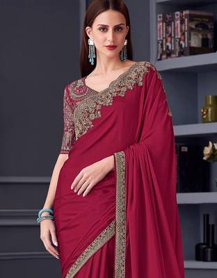 maroon pure chiffon embroidered saree with unstitched blouse piece 2