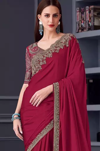 maroon pure chiffon embroidered saree with unstitched blouse piece