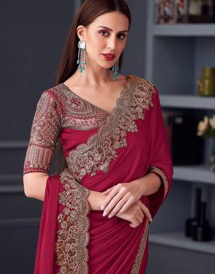 maroon pure chiffon embroidered saree with unstitched blouse piece 3