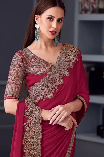 maroon pure chiffon embroidered saree with unstitched blouse piece