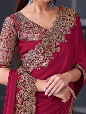 maroon pure chiffon embroidered saree with unstitched blouse piece 4