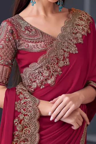 maroon pure chiffon embroidered saree with unstitched blouse piece