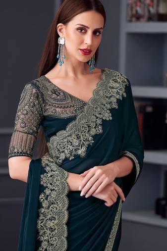 teal embroidered pure chiffon saree