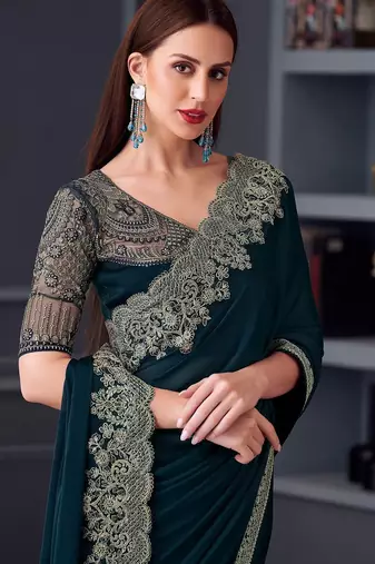 teal embroidered pure chiffon saree