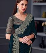 teal embroidered pure chiffon saree