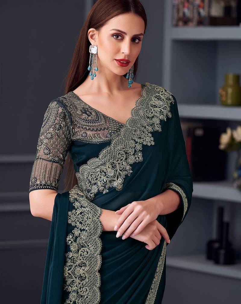 teal embroidered pure chiffon saree