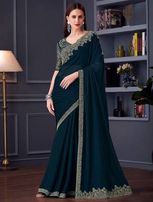 teal embroidered pure chiffon saree 2