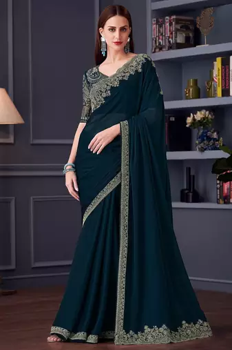 teal embroidered pure chiffon saree